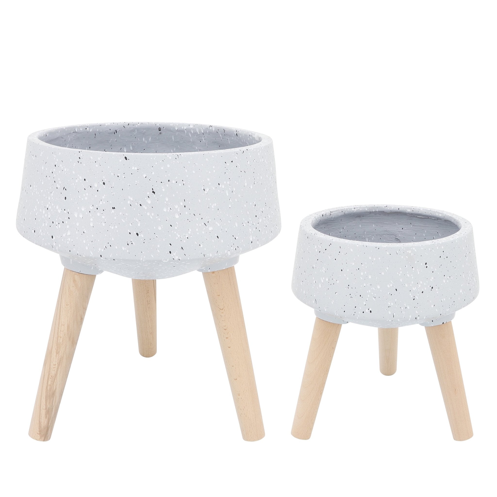 Set of 2 Terrazzo Planters with Wood Legs, Gray | Zigeze